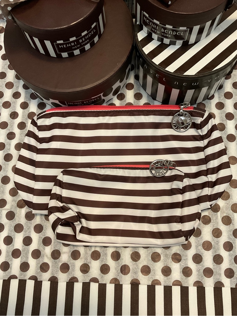 2 Henri Bendel Zippered Bags - Centennial Stripes with Pink Trim Silver Hardware